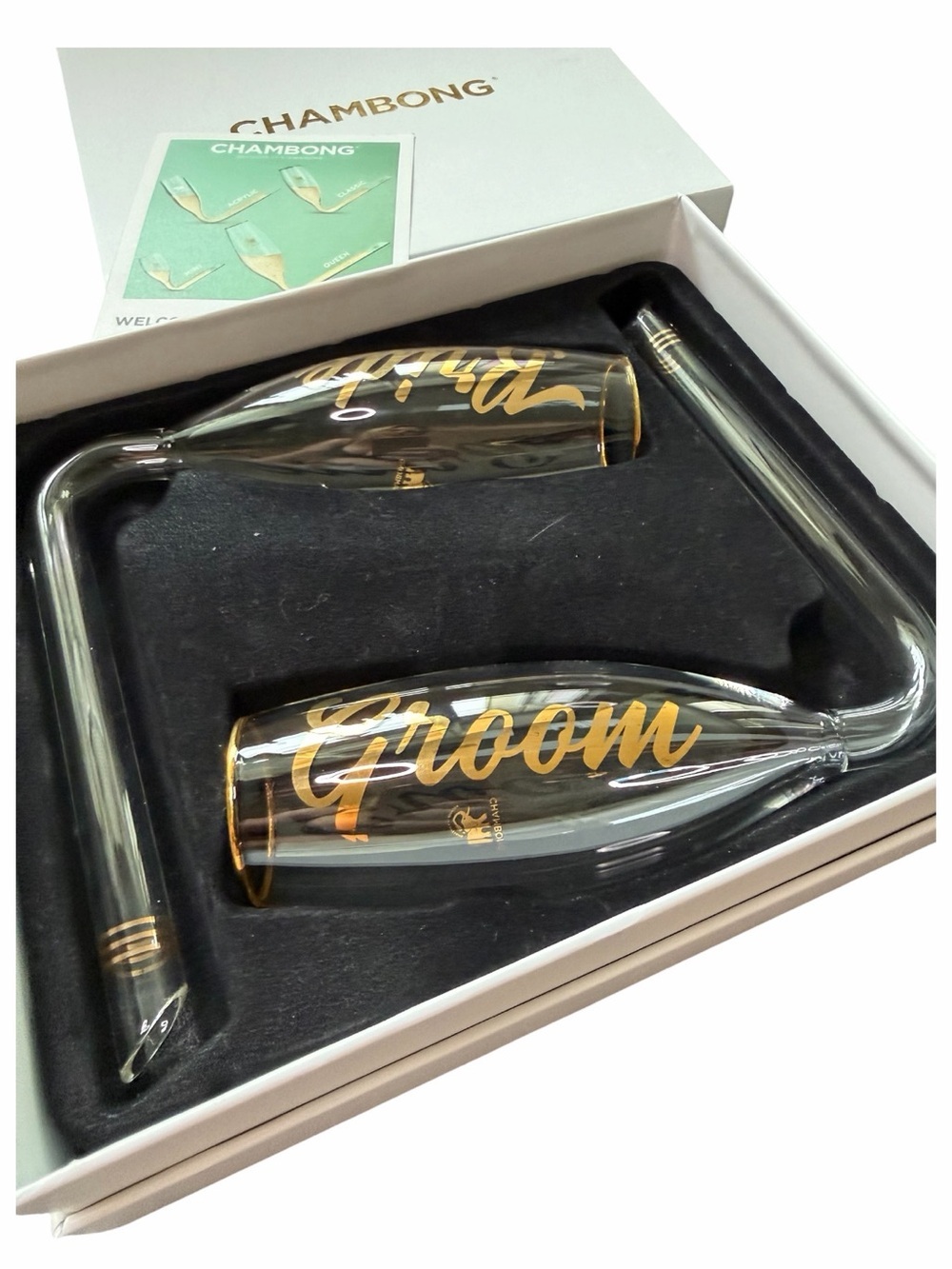 CHAMBONG - Bride & Groom Glass Champagne Flutes Shooters with gold accents